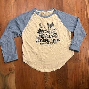 parks project 3/4 length sleeve camping tshirt blue and white size medium
